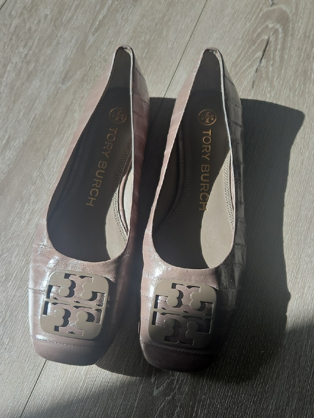Tory Burch Pinkish Brown Leather Logo Square-Toe Flats